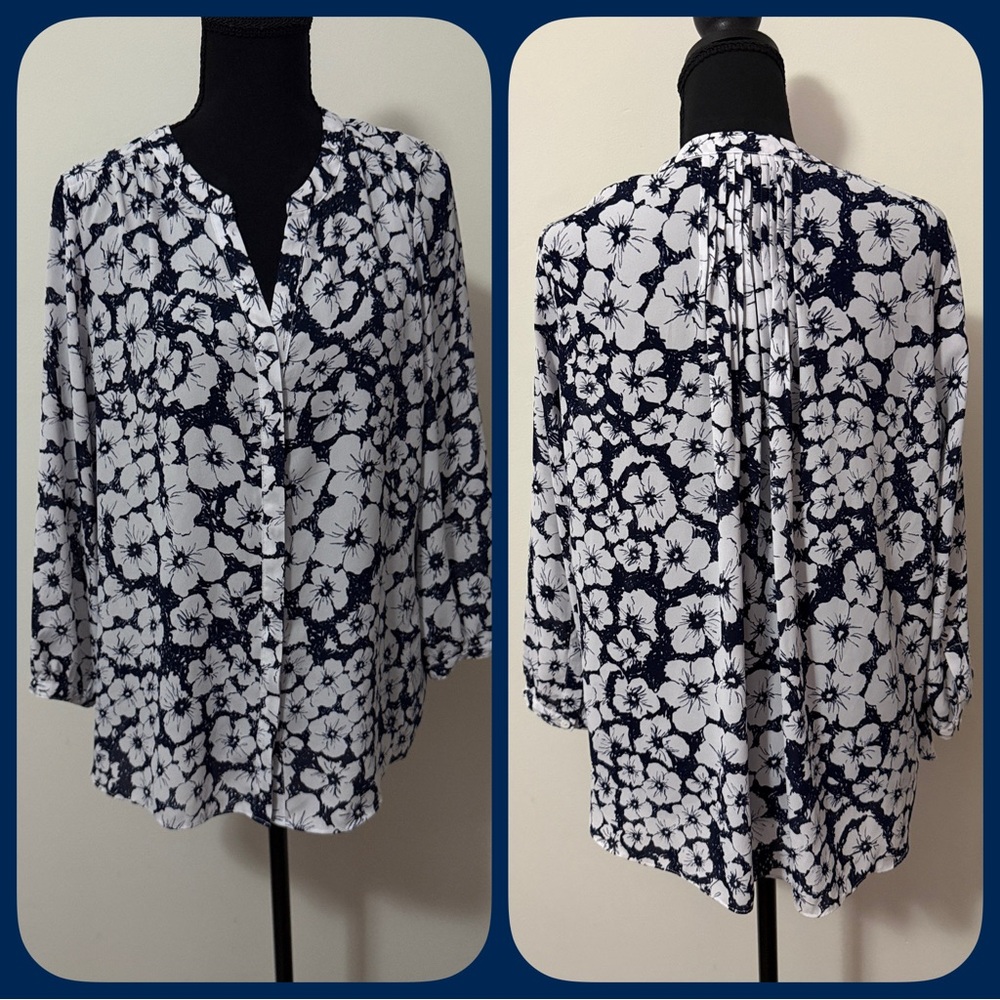 NYDJ Women’s Floral Blouse - Navy Blue and White-size S